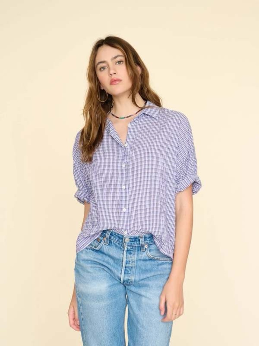 Xirena Teddy Top Purple Blue Button Up Size Small